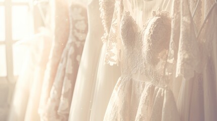 Elegant lace wedding dresses illuminated by soft light, showcasing intricate details and romantic designs in a dreamy bridal boutique setting.
