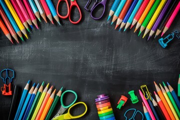On a chalkboard background, a bottom border with school supplies is shown