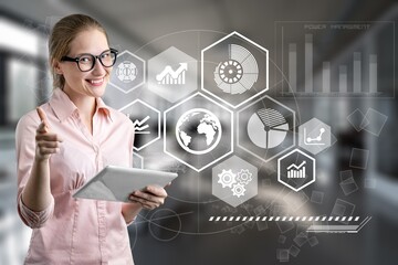 Young analyst worker browsing infographics
