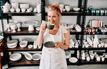 Happy portrait, woman and coffee break in pottery workshop with creative small business, clay and artist career. Ceramic designer, espresso and smile for startup, entrepreneur and apron in workplace