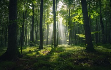 Obraz premium dense forest with tall trees, sunlight filtering through the leaves creating dappled light and shadow on the ground