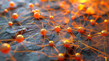 Sunburst orange dots with golden yellow connections on a muted slate base, central text focus