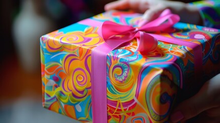Vibrant gift box exchange with decorative wrapping paper, festive colors, holiday celebration, surprise, present giving, gift exchange tradition.