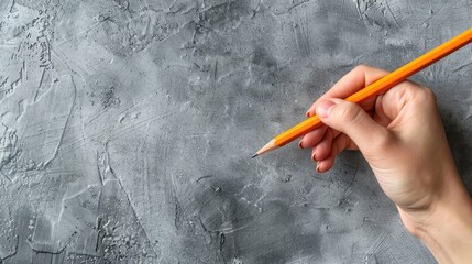 Hand holding a comical printed pencil on gray backdrop for text area