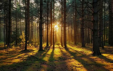 Obraz premium dense forest with tall trees, sunlight filtering through the leaves creating dappled light and shadow on the ground
