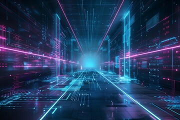 Abstract digital background with glowing neon lines and cyberpunk elements