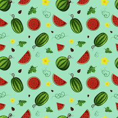 Seamless pattern with whole watermelons and slices, flowers on a green backgraund. Vector illustration
