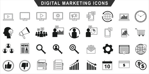 Set of digital marketing line icons. Management, seo, target, ad, analytics etc.
