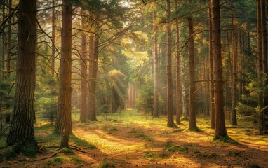 Obraz premium dense forest with tall trees, sunlight filtering through the leaves creating dappled light and shadow on the ground