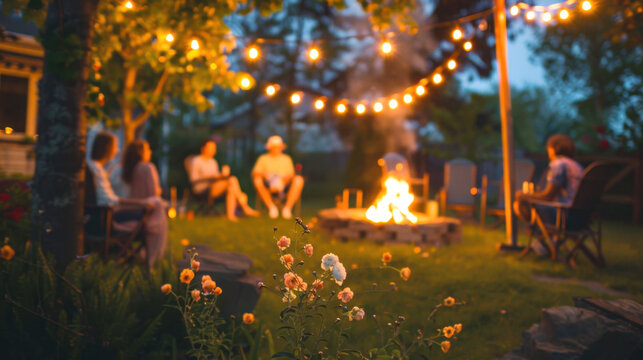 Group of people enjoys cozy evening around backyard campfire, surrounded by lush greenery and illuminated by hanging string lights, creating warm and inviting atmosphere.
