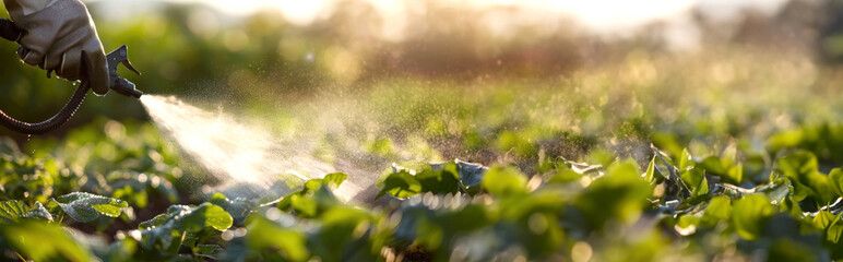 Person using sprayer to apply pesticides on lush green vegetable farm during sunset. image highlights use of agricultural chemicals in field crop management.