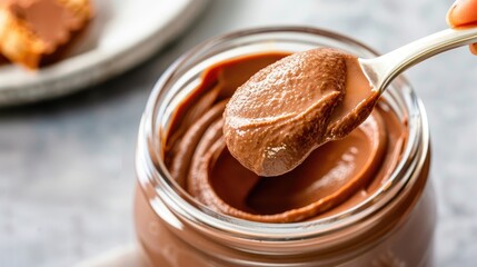 Close-up of a spoon dipping into a jar of chocolate hummus, highlighting its smooth texture