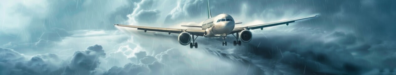 Obraz premium Navigating Turbulence: A Plane's Journey Through Adverse Weather Conditions Highlighting Aviation Safety and Passenger Comfort