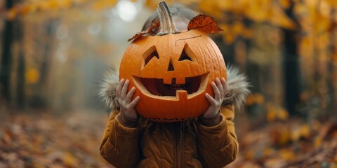 Naklejka premium Portrait of a little girl holding a Halloween pumpkin in a park surrounded by autumn yellow leaves.