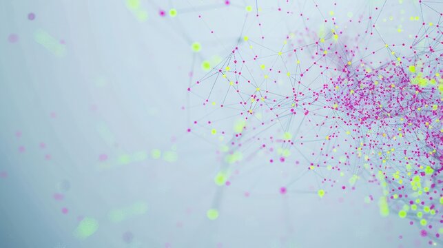 Magenta dots interconnected with lime lines over a pale blue canvas, designated area for text in the upper center