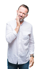 Middle age hoary senior man over isolated background touching mouth with hand with painful expression because of toothache or dental illness on teeth. Dentist concept.