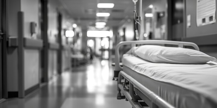 A hospital bed positioned along the corridor of a medical facility, suitable for healthcare-related illustrations or informational graphics