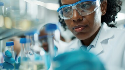 A scientist in a laboratory wearing a white coat and gloves, handling test tubes and conducting experiments, highlighting scientific research and discovery processes.