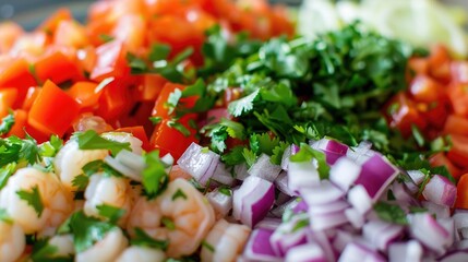 A close-up of diced tomatoes, onions, and cilantro, key ingredients of shrimp ceviche