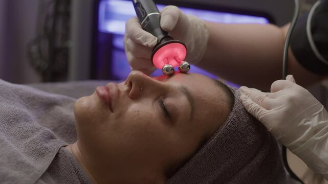 Side view of relaxed young Caucasian woman getting facial massage with red light and roller at clinic