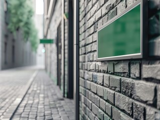 An aged brick wall featuring a vibrant green sign, ideal for urban or historical-themed projects