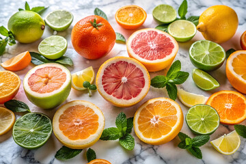 Juicy Citrus Assortment on White Marble with Fresh Mint Leaves.