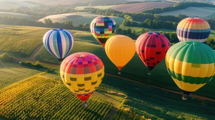 Fototapeta premium Aerial view of a hot air balloon festival, with colorful balloons rising over the landscape
