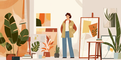 Creative artist in studio with plants, paintings, and easel, modern art concept, creative individual, art space, interior design