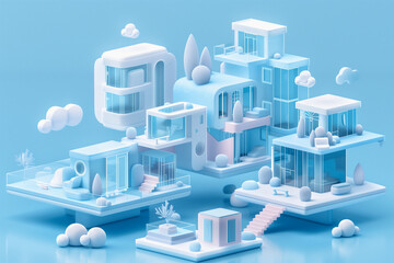 3D game style render of a house with a cloudy sky in the background