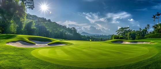 View of a golf course in Thailand with lush green grass, beautiful scenery with sand pits bunker beside the greens and golf holes. blue sky sunny day.