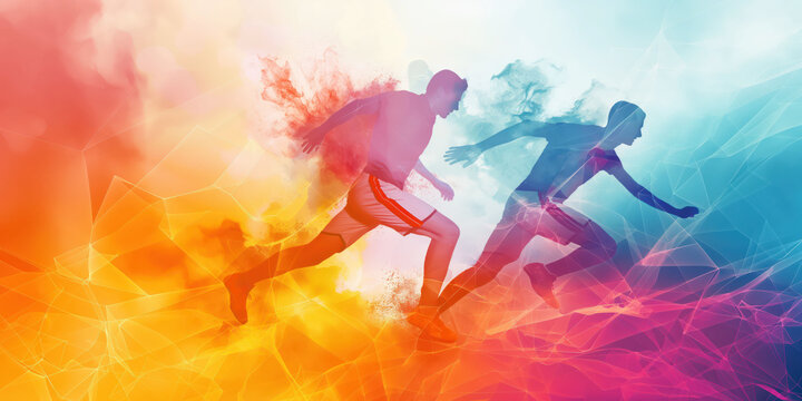 Dynamic silhouettes of athletes running with vibrant colors, representing energy, power, and speed in motion, sports and fitness concept