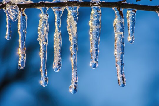 A collection of icicles suspended on a tree branch, suitable for winter-themed graphics