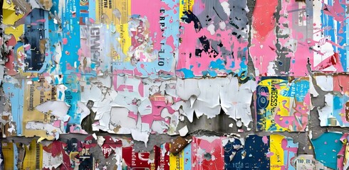 This image displays a textured urban street art piece with layers of paint and graffiti creating a complex abstract composition.