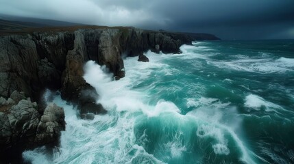 Fototapeta premium A scenic shot of a rocky coastline where powerful waves are crashing against the cliffs under stormy, dark skies, illustrating the raw power and beauty of nature in an untamed environment.