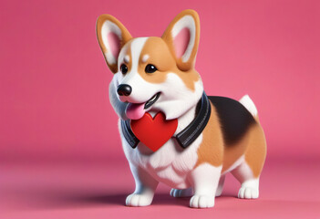 Cute corgi dog with a heart-shaped collar on pink panoramic background, san valentine