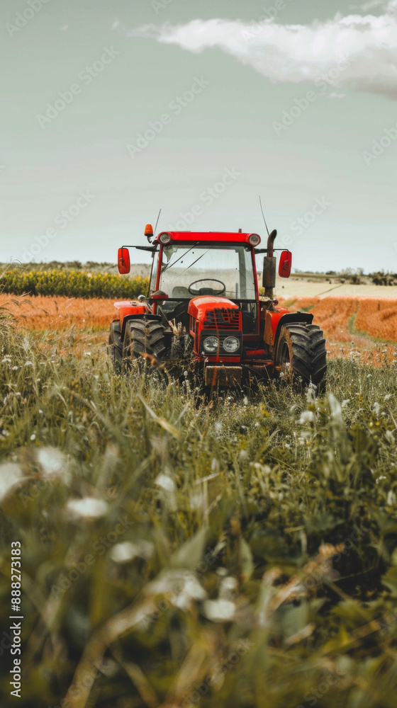 Poster a red tractor is in a field of grass
