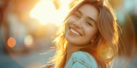 Fototapeta premium Smiling woman in sunlight, happiness and joy in nature, summer vibes, sunlight through hair, cheerful young lady, outdoor portrait, positive emotions, concept
