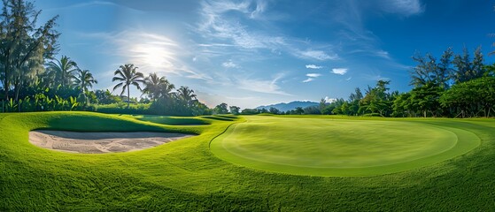 View of a golf course in Thailand with lush green grass, beautiful scenery with sand pits bunker beside the greens and golf holes. blue sky sunny day.