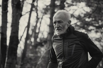 A man stands alone in the woods wearing a jacket