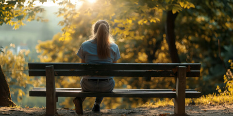 Woman sitting on park bench during sunset, enjoying tranquil nature, relaxing among trees, back view, peaceful solitude, warm sunlight, serene atmosphere, introspective moment, nature concept