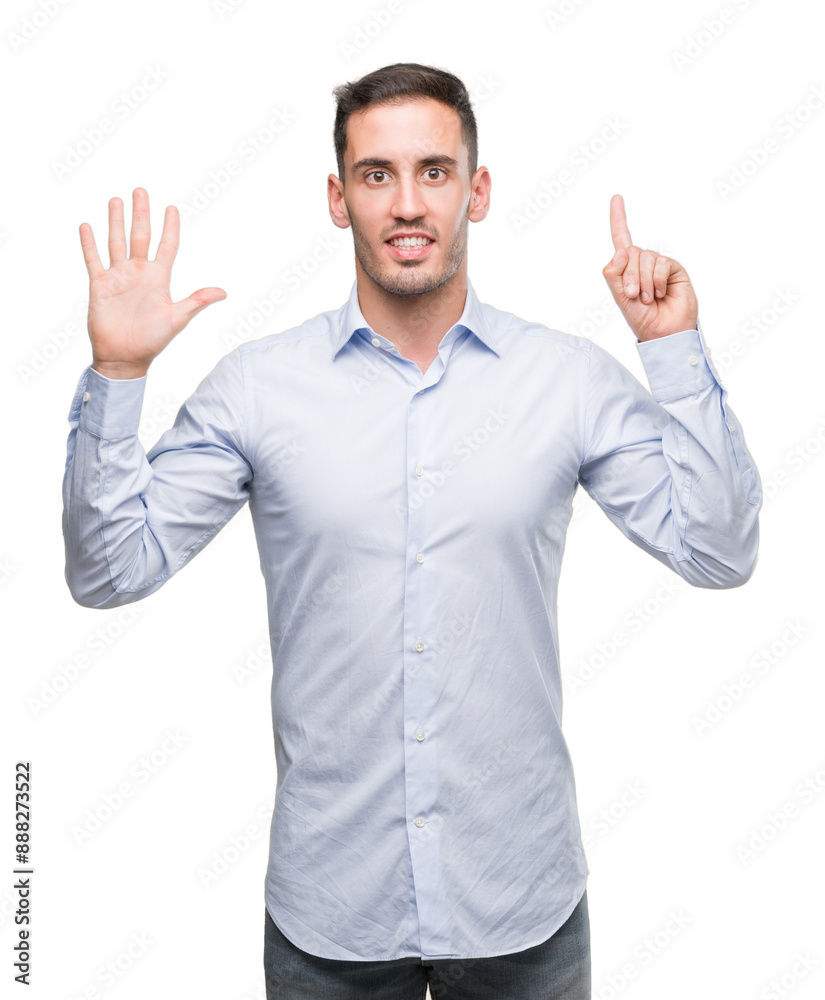 Sticker handsome young businessman showing and pointing up with fingers number six while smiling confident a