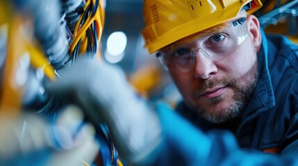 A skilled worker, equipped with safety gear, is meticulously analyzing complex wiring in an industrial area, emphasizing the necessity of precision, safety, and expertise in technical fields.