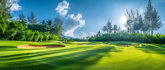 View of a golf course in Thailand with lush green grass, beautiful scenery with sand pits bunker beside the greens and golf holes. blue sky sunny day.