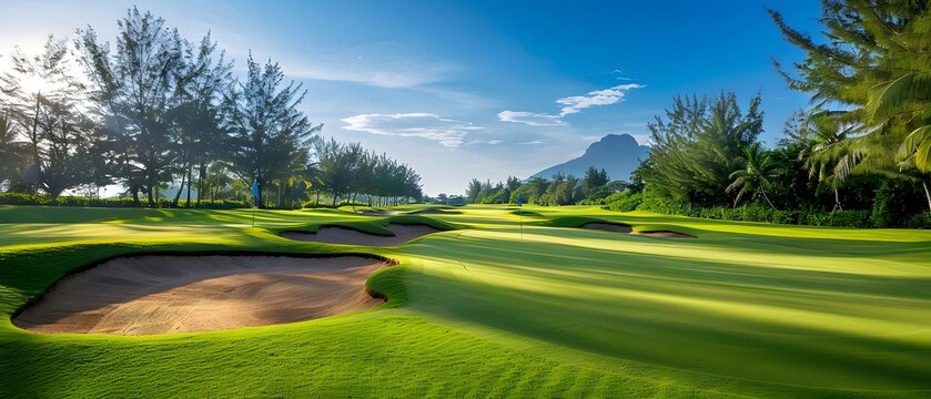 View of a golf course in Thailand with lush green grass, beautiful scenery with sand pits bunker beside the greens and golf holes. blue sky sunny day.