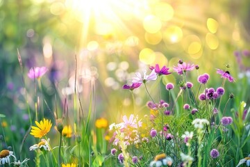 A vibrant meadow filled with blooming wildflowers basking in the warm sunlight, creating a picturesque and serene natural scene.