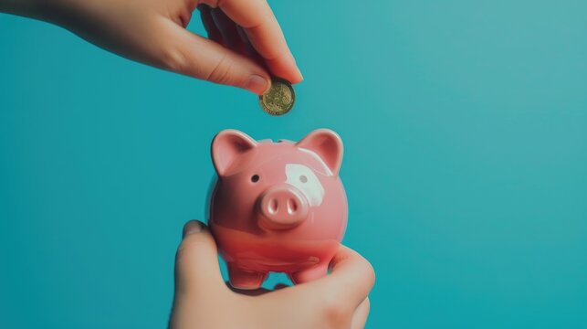 man inserting money into piggy bank, suitable for personal finance imagery or saving tips graphics
