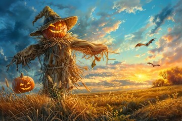 Obraz premium A scarecrow in a field with a halloween pumpkin