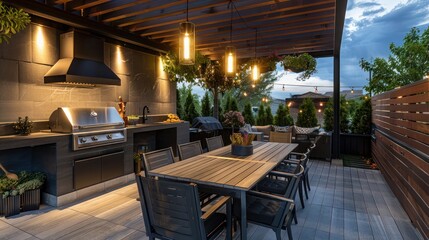 Fototapeta premium outdoor dining area of a suburban contemporary home with a built-in grill and stylish overhead lighting