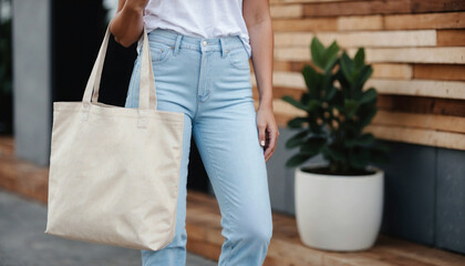 Woman Holding Tote Bag While Walking Through Urban Street, Ready for Mockup