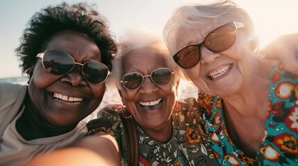 authentic portrait of senior women resting on beach, facial expression with bold positive emotions, elderly female friends laughs, intense expression, grained photo in 90s style, AI generated